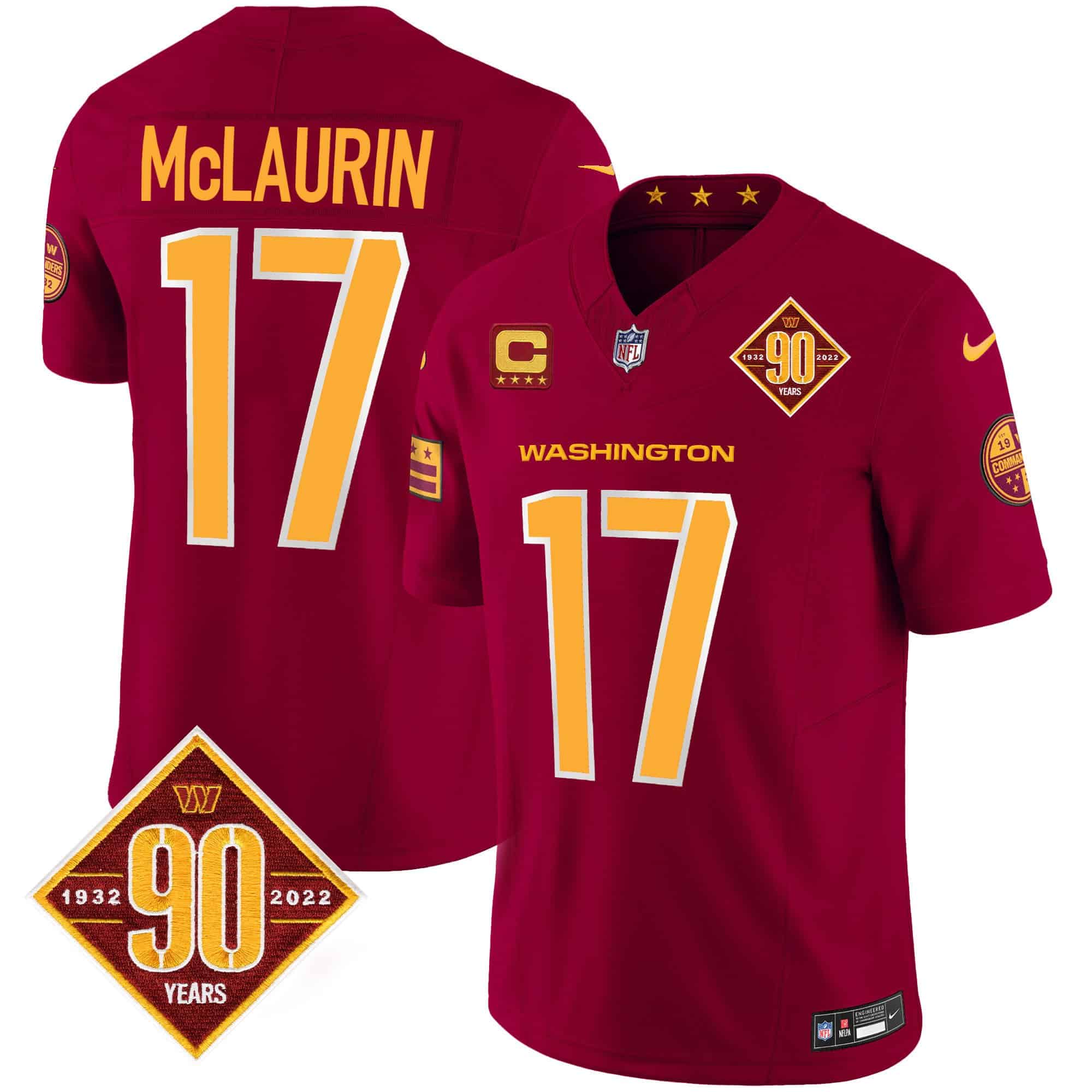Men Washington Commanders 17 Mclaurin Red 90th Anniversary Patch 2024 Nike Vapor Limited NFL Jersey style 1